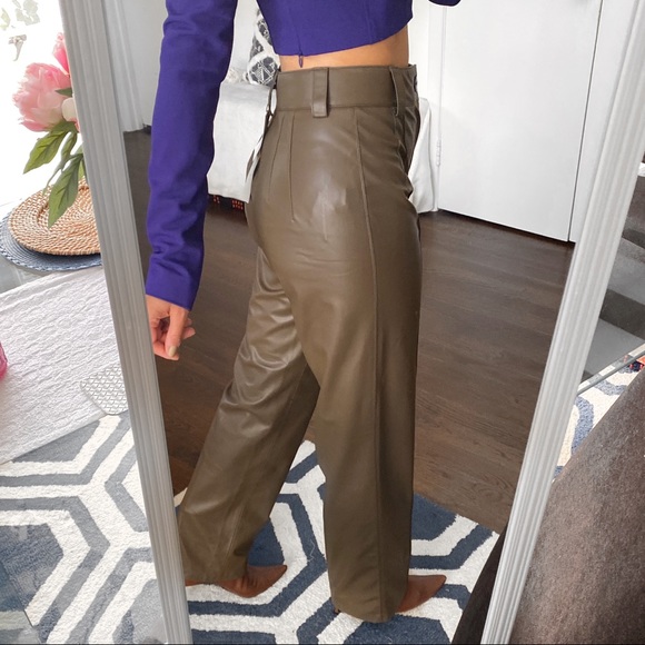 π ZARA ASH BROWN FAUX LEATHER FULL LENGTH STRAIGHT LEG HIGH WAIST PANTS! - Picture 3 of 16